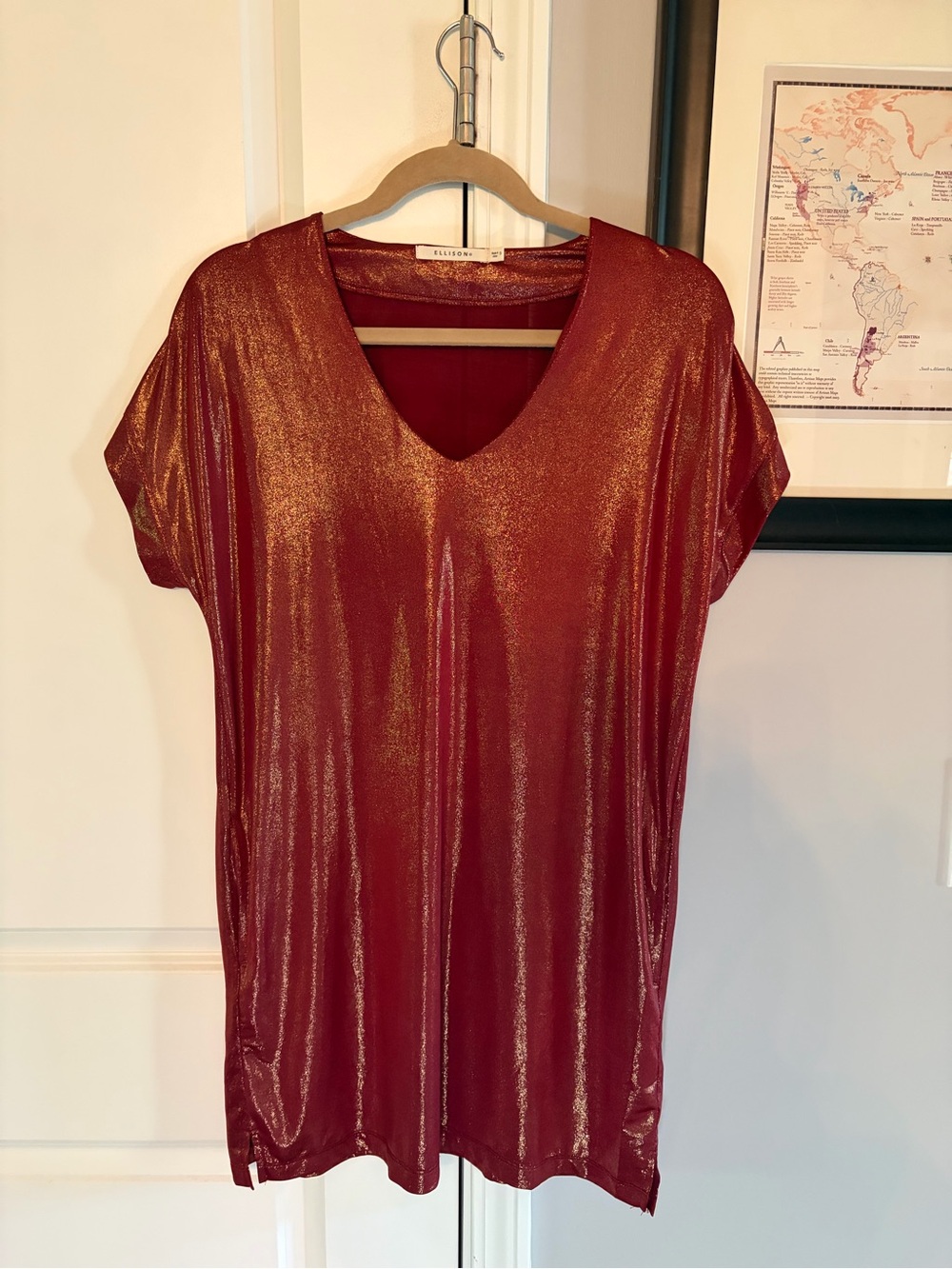 Ellison Metallic Copper-Red V-Neck Short Sleeve Tunic mini dress with pockets